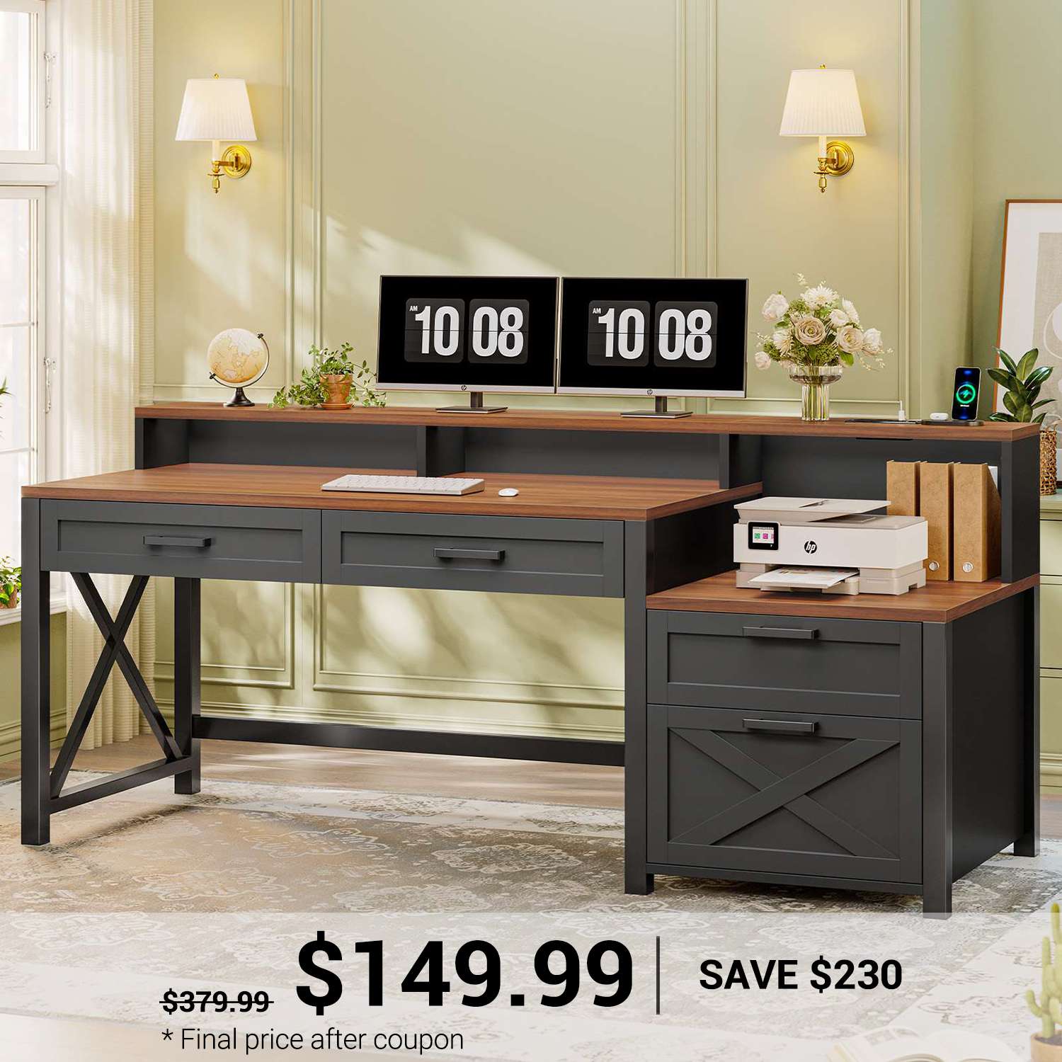 SEDETA | 55 Inch Farmhouse Office Computer Desk with 4 Drawers Power O