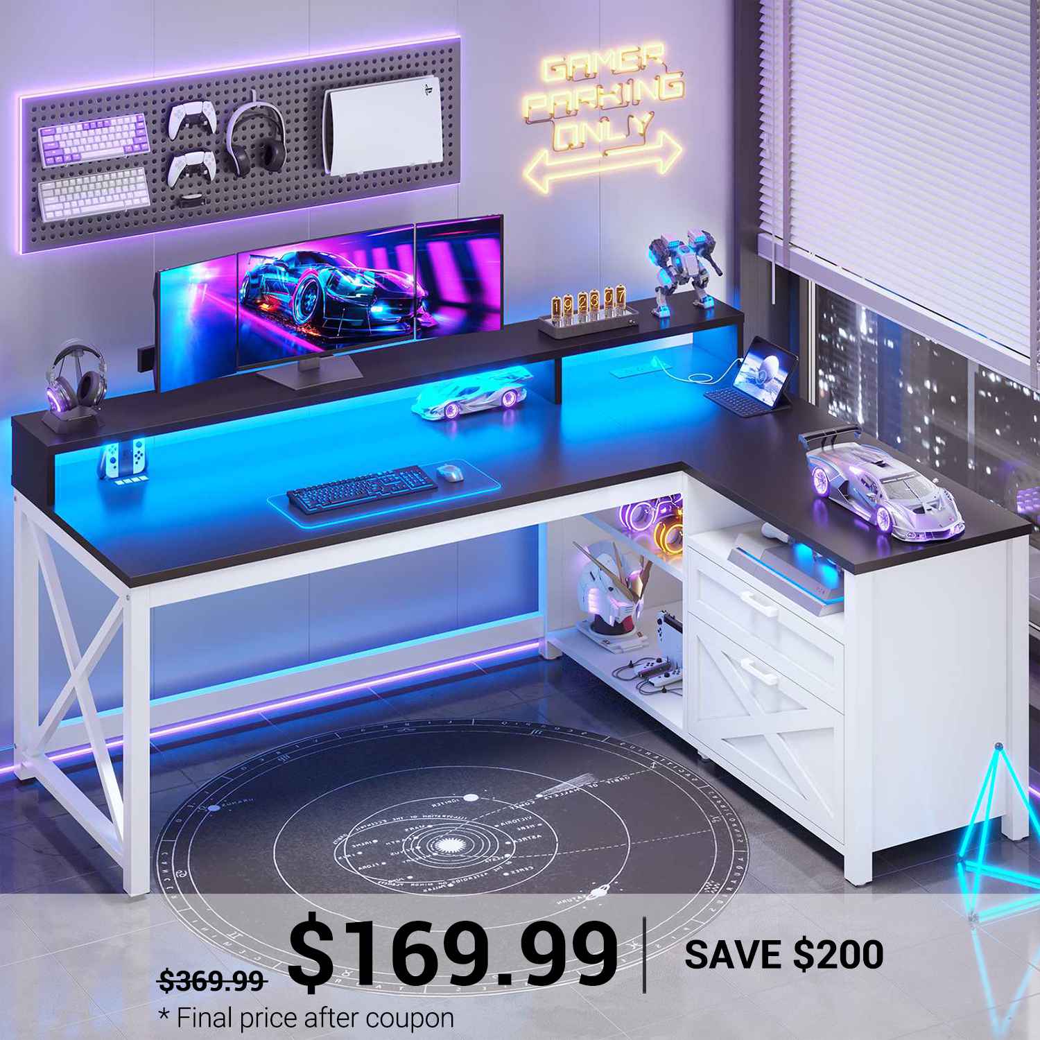 SEDETA 55 Inch Farmhouse L Shaped Gaming Desk Home Office Desk with Dr