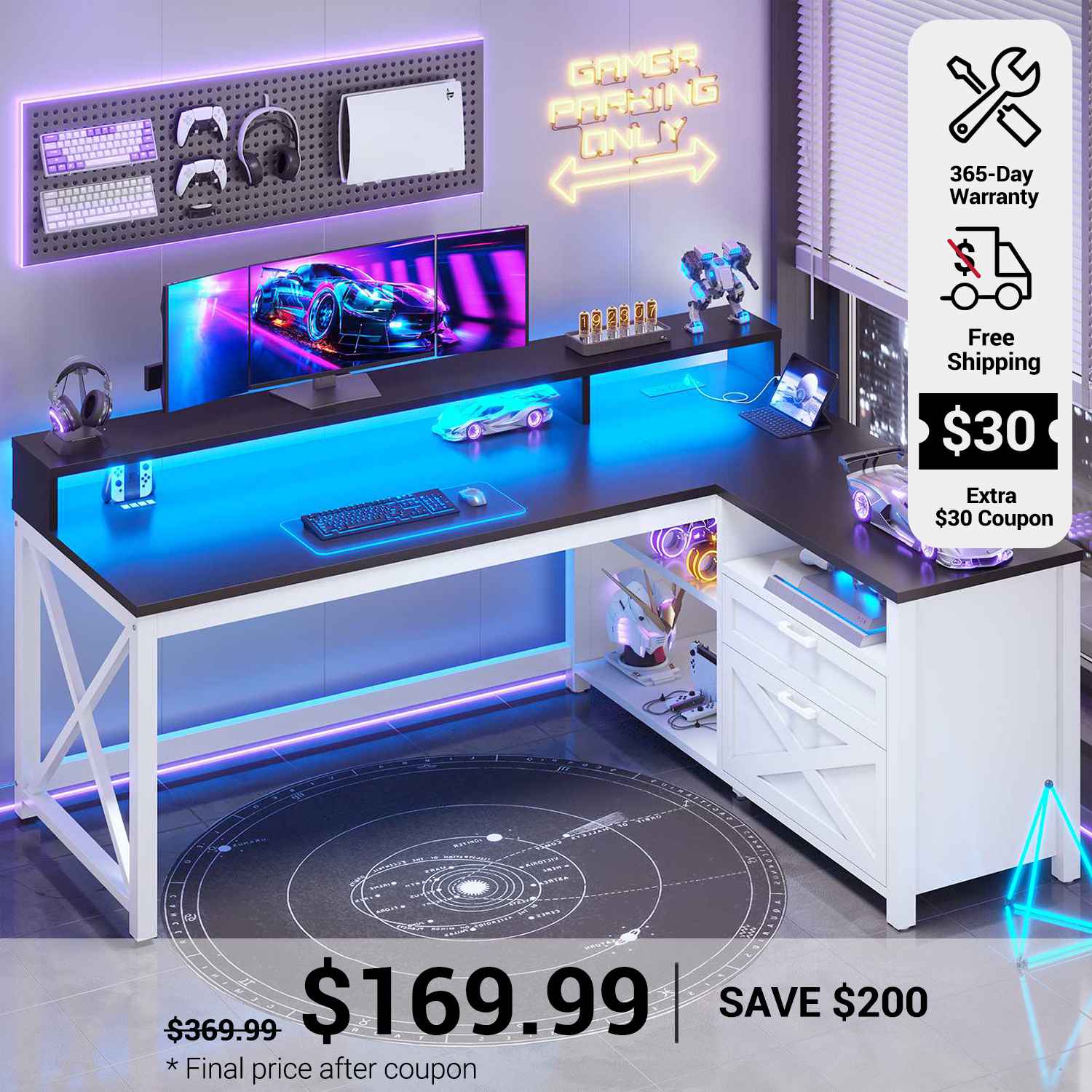 SEDETA 55 Inch Farmhouse L Shaped Gaming Desk Home Office Desk with Dr