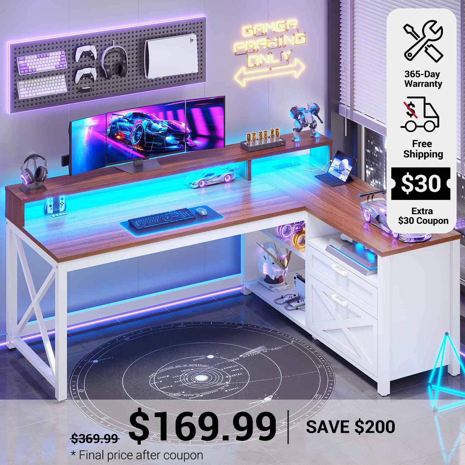 SEDETA 55 Inch Farmhouse L Shaped Gaming Desk Home Office Desk with Dr