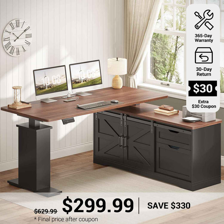 SEDETA® 55 Inch Height Adjustable Farmhouse L Shaped Electric Standing Computer Desk with Power Outlets Storage Drawers