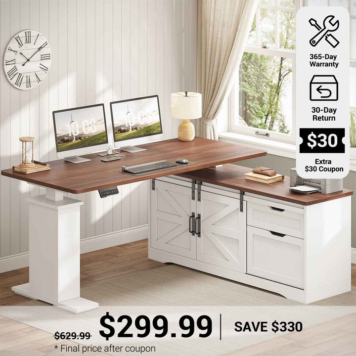 SEDETA® 55 Inch Height Adjustable Farmhouse L Shaped Electric Standing Computer Desk with Power Outlets Storage Drawers