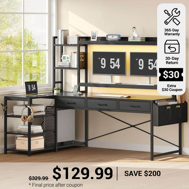 SEDETA® 55 Inch L Shaped LED Gaming Desk Reversible Computer Desk with Storage Drawers Hutch Power Outlets