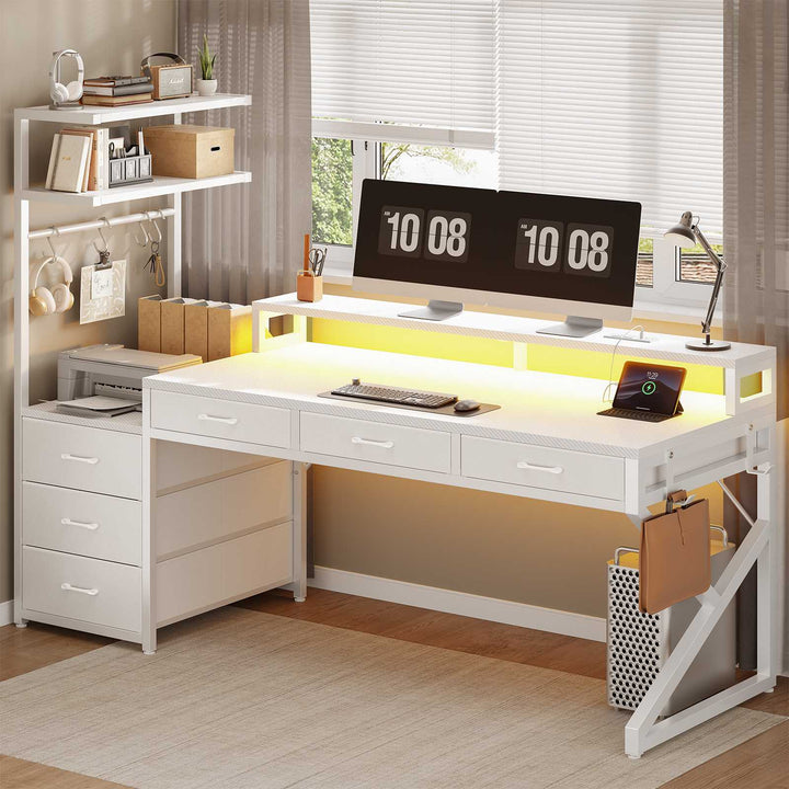 SEDETA 55 Inch Reversible Gaming Desk with 6 Drawers PC Desk with LED Lights Power Outlet Corner Computer Desk with Monitor Stand