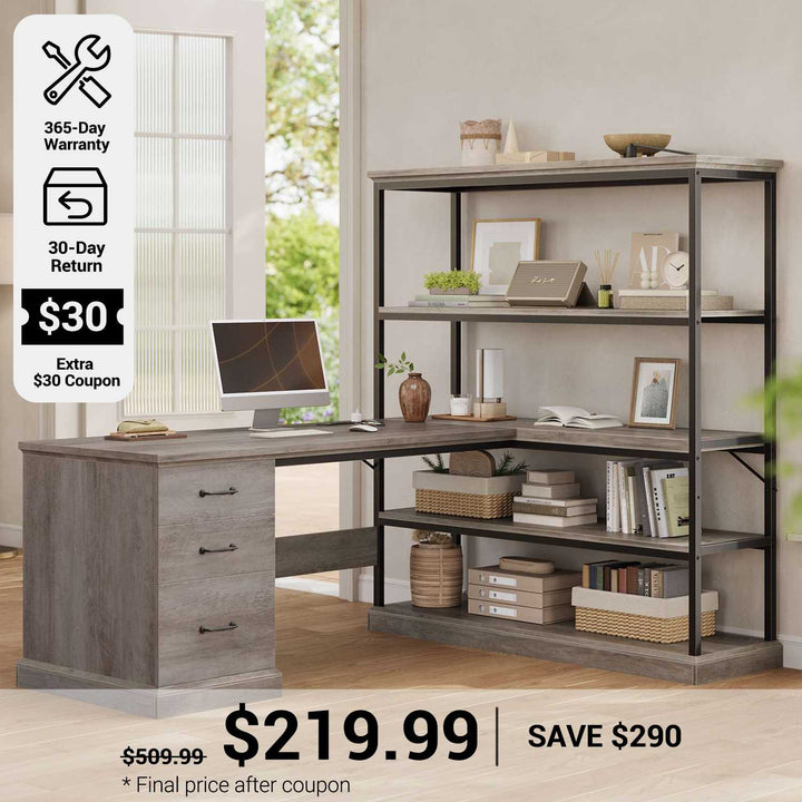 SEDETA® 57.1 Inch Farmhouse L Shaped Computer Desk with Power Outlets Drawers and Storage Shelves for Home Office