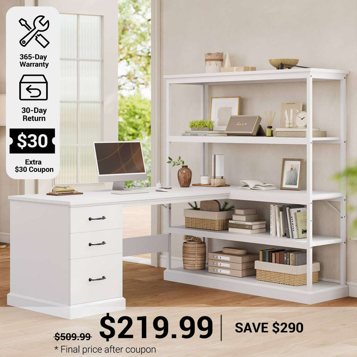 SEDETA® 57.1 Inch Farmhouse L Shaped Computer Desk with Power Outlets Drawers and Storage Shelves for Home Office