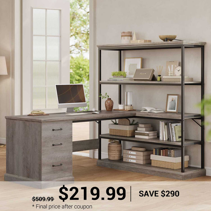 SEDETA | 57.1 Inch Home Office L Shaped Computer Desk Farmhouse Desk with Drawers Shelves and Power Outlets