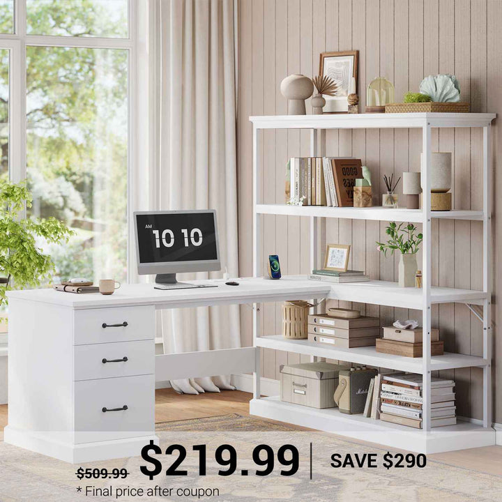 SEDETA | 57.1 Inch Home Office L Shaped Computer Desk Farmhouse Desk with Drawers Shelves and Power Outlets