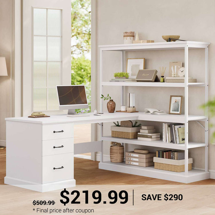 SEDETA | 57.1 Inch Home Office L Shaped Computer Desk Farmhouse Desk with Drawers Shelves and Power Outlets