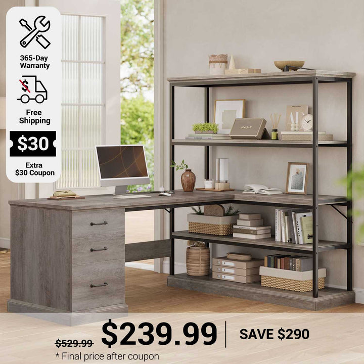 SEDETA 57.1 Inch L Shaped Computer Desk with Shelves Farmhouse Home Office Desks with Drawers Shelves Power Outlets