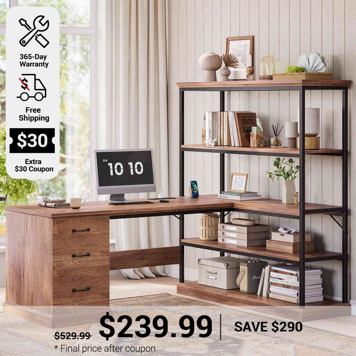 SEDETA 57.1 Inch L Shaped Computer Desk with Shelves Farmhouse Home Office Desks with Drawers Shelves Power Outlets