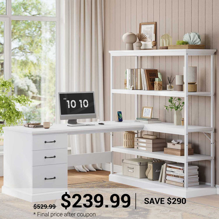 SEDETA 57.1 Inch L Shaped Computer Desk with Shelves Farmhouse Home Office Desks with Drawers Shelves Power Outlets