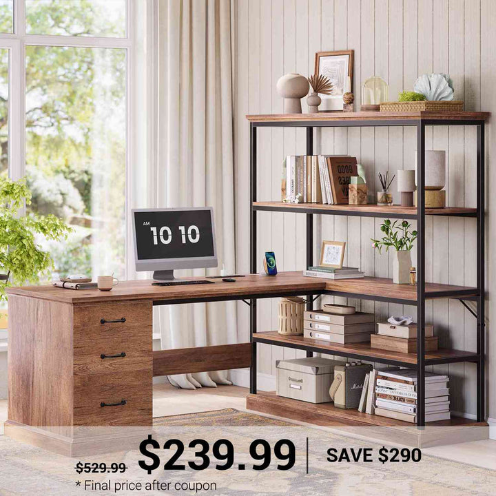 SEDETA 57.1 Inch L Shaped Computer Desk with Shelves Farmhouse Home Office Desks with Drawers Shelves Power Outlets