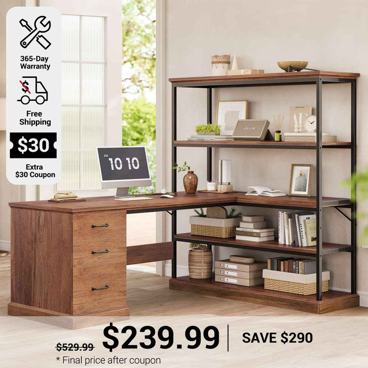 SEDETA 57.1 Inch L Shaped Computer Desk with Shelves Farmhouse Home Office Desks with Drawers Shelves Power Outlets