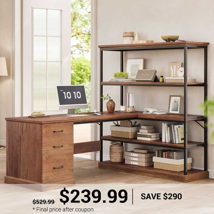 SEDETA 57.1 Inch L Shaped Computer Desk with Shelves Farmhouse Home Office Desks with Drawers Shelves Power Outlets