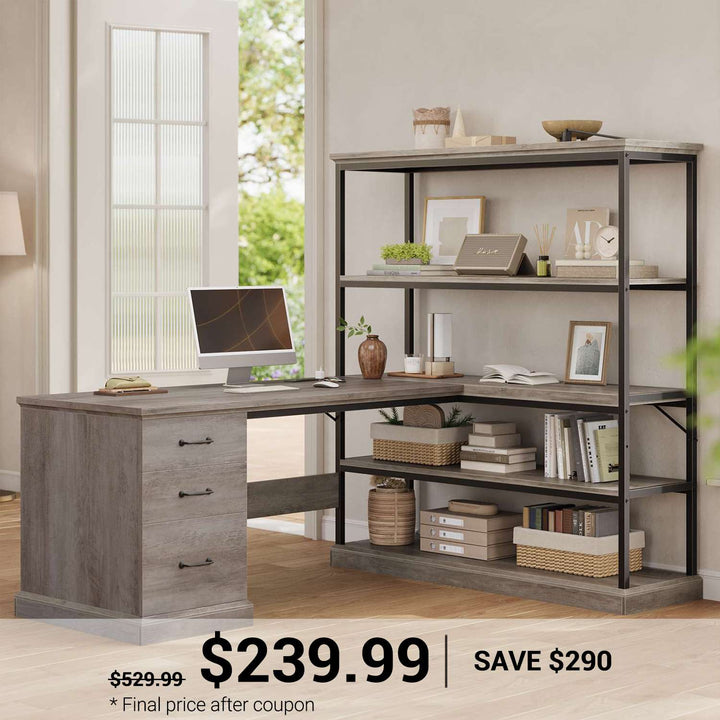 SEDETA 57.1 Inch L Shaped Computer Desk with Shelves Farmhouse Home Office Desks with Drawers Shelves Power Outlets