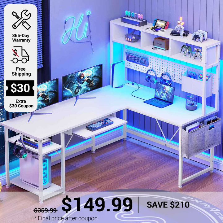SEDETA 57.5 Inch L Shaped Reversible Corner Computer Desk Gaming Desk with LED Lights Power Outlet Pegboard