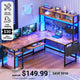 SEDETA 57.5 Inch L Shaped Reversible Corner Computer Desk Gaming Desk with LED Lights Power Outlet Pegboard