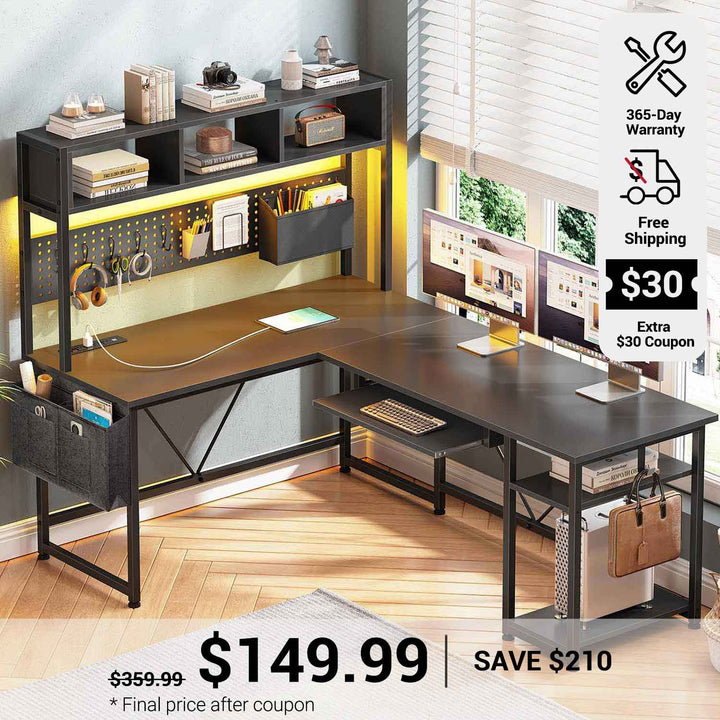 SEDETA 57.5 Inch L Shaped Reversible Corner Computer Desk Gaming Desk with LED Lights Power Outlet Pegboard