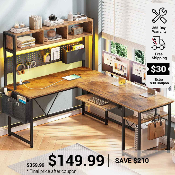 SEDETA 57.5 Inch L Shaped Reversible Corner Computer Desk Gaming Desk with LED Lights Power Outlet Pegboard