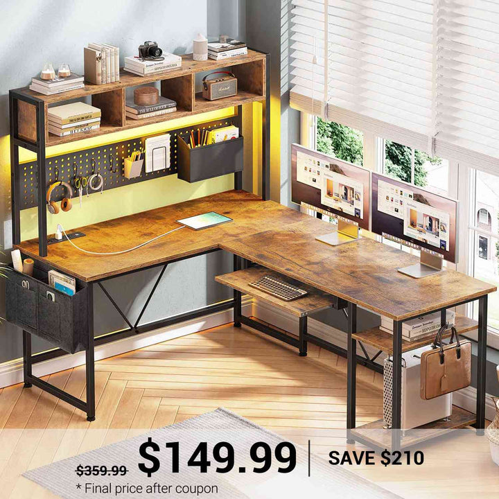 SEDETA 57.5 Inch L Shaped Reversible Corner Computer Desk Gaming Desk with LED Lights Power Outlet Pegboard
