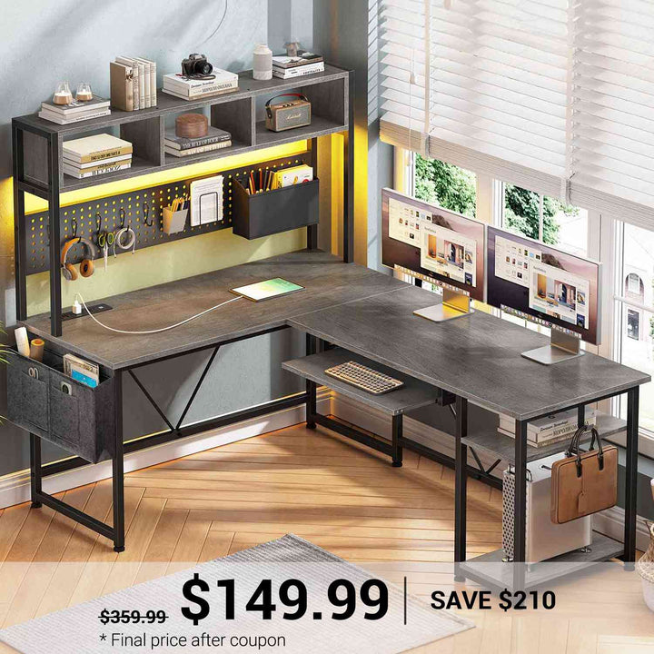 SEDETA 57.5 Inch L Shaped Reversible Corner Computer Desk Gaming Desk with LED Lights Power Outlet Pegboard