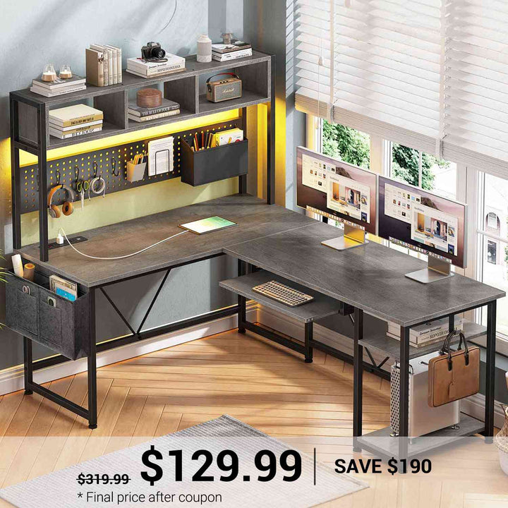 SEDETA | 57.5 Inch LED L Shaped Reversible Gaming Computer Desk with Pegboard Power Outlet Storage Shelves