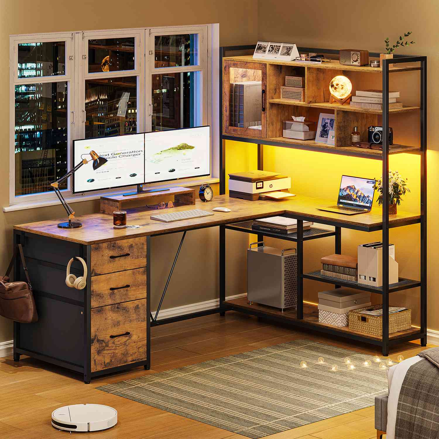 SEDETA | 58 Inch L Shaped Computer Desk with 3 Drawers and Bookshelf f