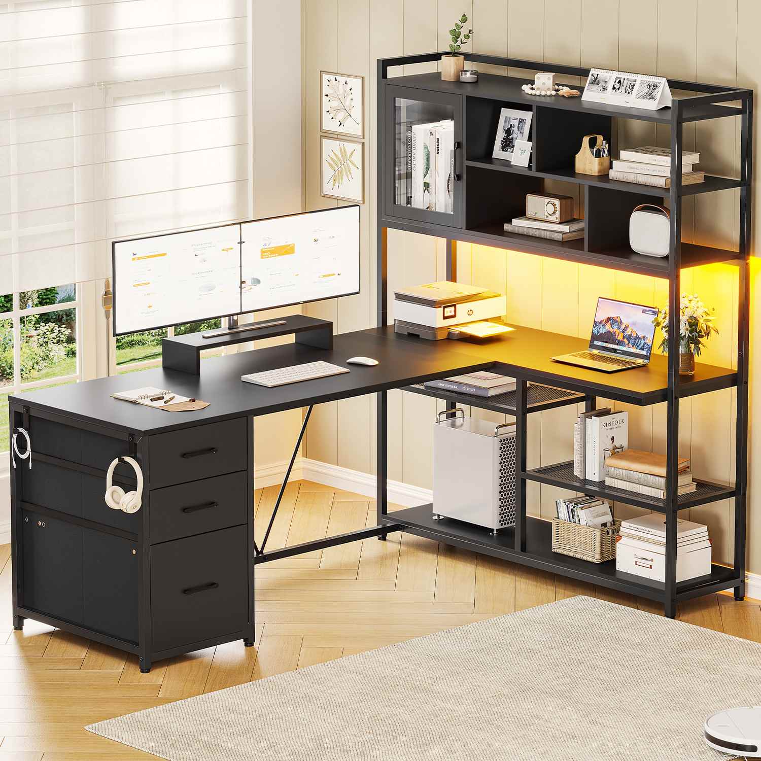 SEDETA 58 Inch L Shaped Computer Desk with Storage Shelves and LED Lig