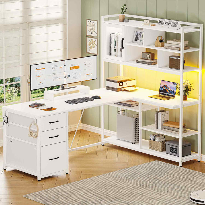 SEDETA 58 Inch L Shaped Computer Desk with Storage Shelves and LED Light for Home Office