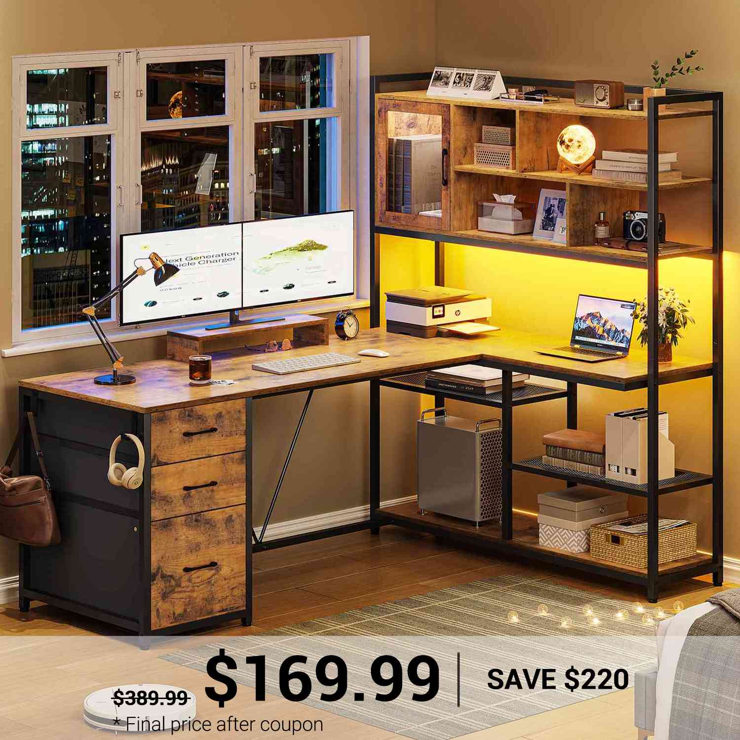 SEDETA | 58 Inch L Shaped Computer Desk with 3 Drawers and Bookshelf f