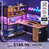 SEDETA 58 Inch L Shaped Computer Desk with Storage Shelves and LED Light for Home Office