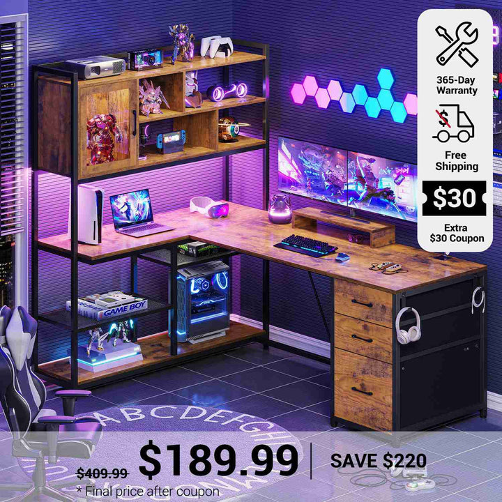 SEDETA 58 Inch L Shaped Computer Desk with Storage Shelves and LED Light for Home Office