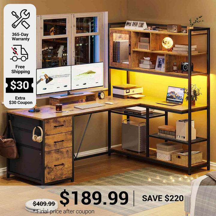 SEDETA 58 Inch L Shaped Computer Desk with Storage Shelves and LED Light for Home Office