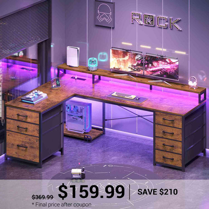 SEDETA 58 Inch L Shaped Gaming Desk with LED Lights Reversible Computer Desk with 7 Drawers and Power Outlet