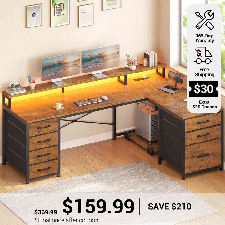 SEDETA 58 Inch L Shaped Gaming Desk with LED Lights Reversible Computer Desk with 7 Drawers and Power Outlet