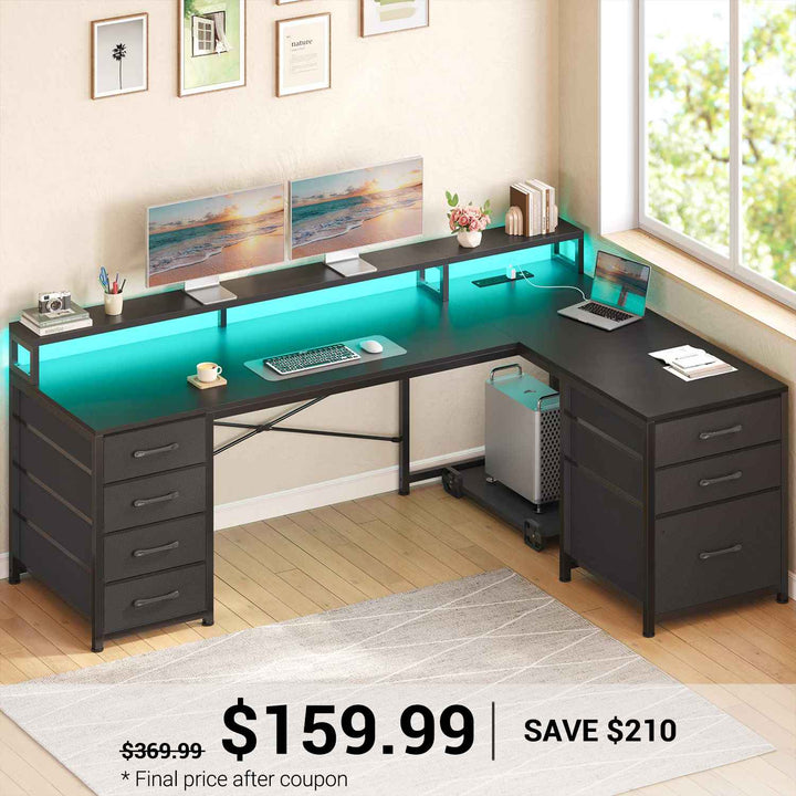 SEDETA 58 Inch L Shaped Gaming Desk with LED Lights Reversible Computer Desk with 7 Drawers and Power Outlet
