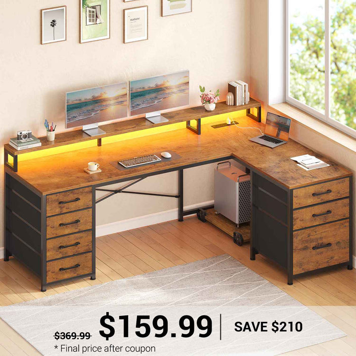 SEDETA 58 Inch L Shaped Gaming Desk with LED Lights Reversible Computer Desk with 7 Drawers and Power Outlet