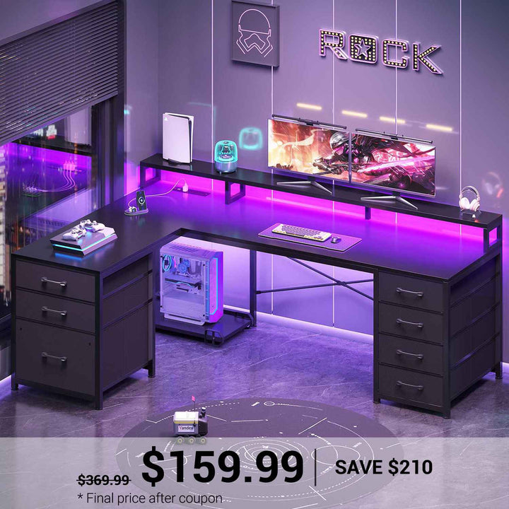 SEDETA 58 Inch L Shaped Gaming Desk with LED Lights Reversible Computer Desk with 7 Drawers and Power Outlet