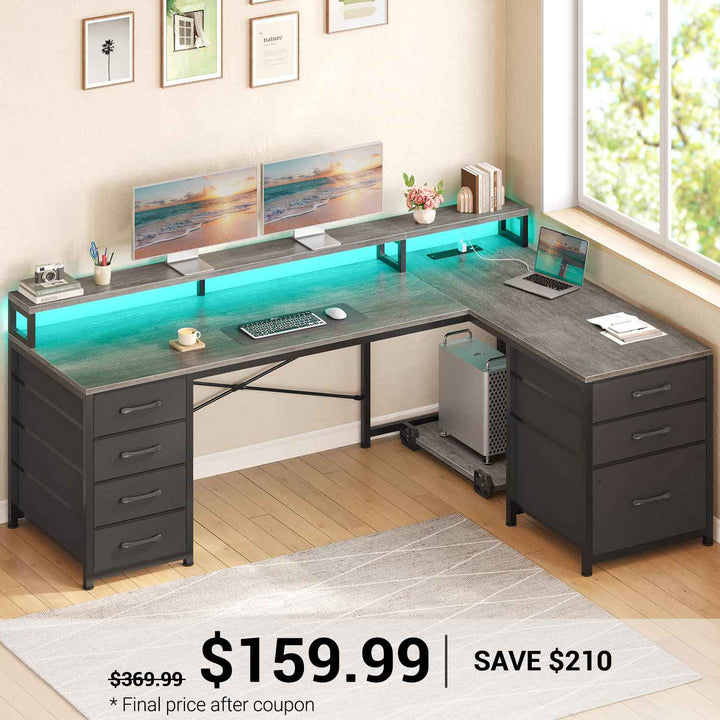 SEDETA 58 Inch L Shaped Gaming Desk with LED Lights Reversible Computer Desk with 7 Drawers and Power Outlet