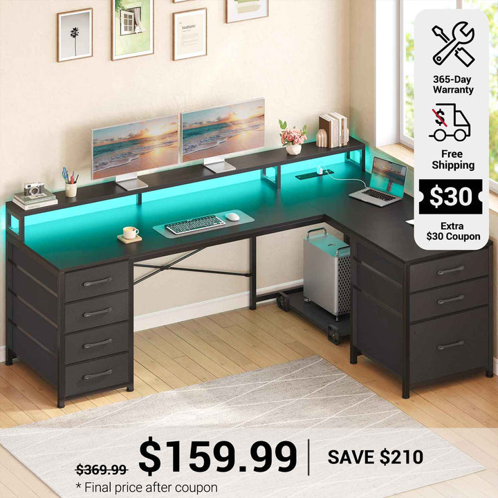 SEDETA 58 Inch L Shaped Gaming Desk with LED Lights Reversible Computer Desk with 7 Drawers and Power Outlet