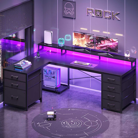 SEDETA 58 Inch L Shaped Gaming Desk with LED Lights Reversible Computer Desk with 7 Drawers and Power Outlet
