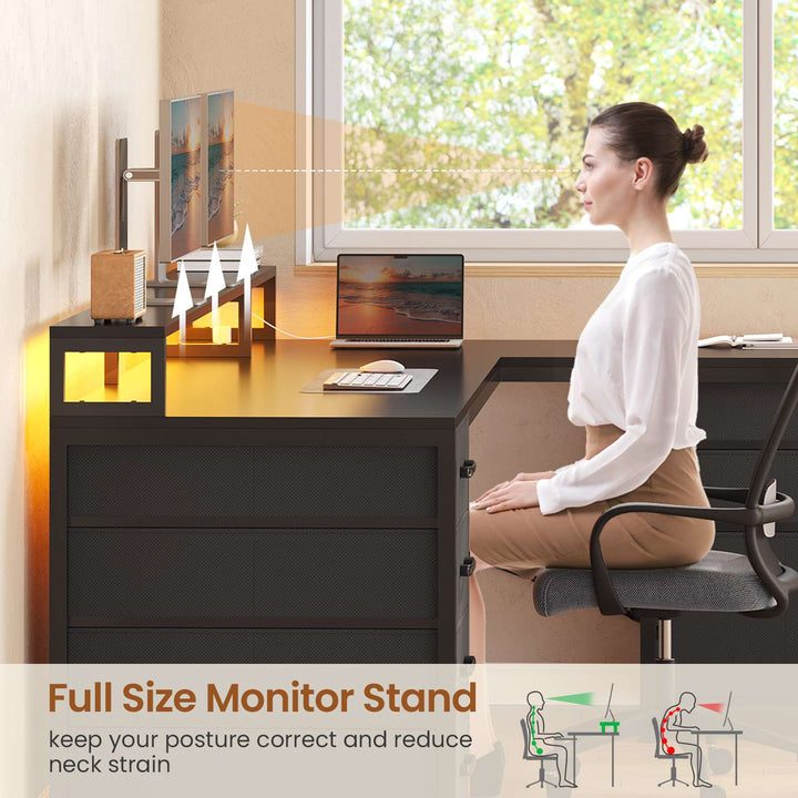 SEDETA 58 Inch L Shaped Gaming Desk with LED Lights Reversible Computer Desk with 7 Drawers and Power Outlet