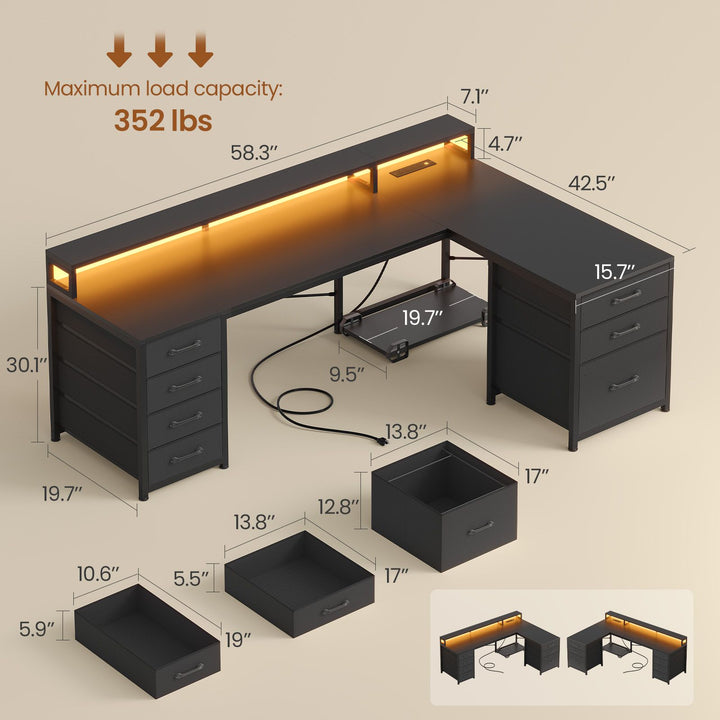 SEDETA 58 Inch L Shaped Gaming Desk with LED Lights Reversible Computer Desk with 7 Drawers and Power Outlet