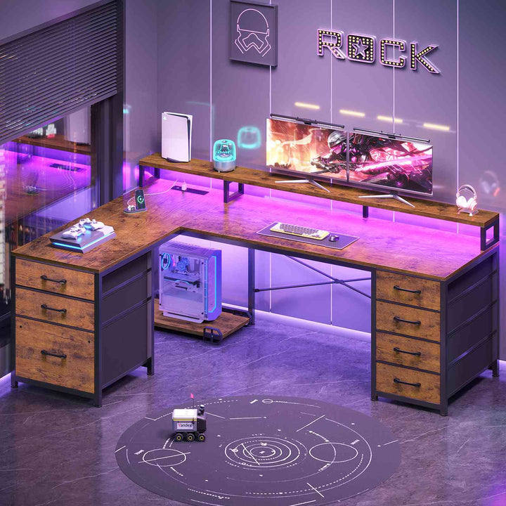 SEDETA 58 Inch L Shaped Gaming Desk with LED Lights Reversible Computer Desk with 7 Drawers and Power Outlet