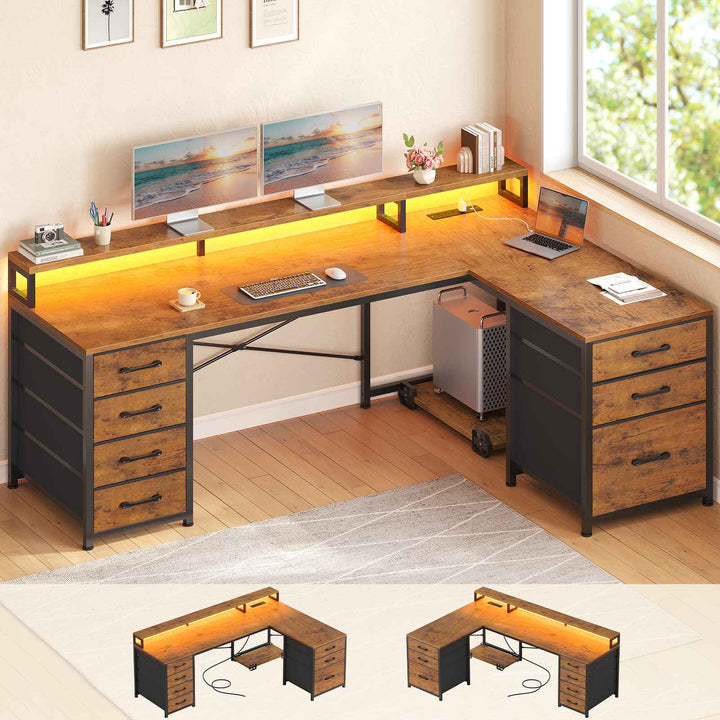 SEDETA 58 Inch L Shaped Gaming Desk with LED Lights Reversible Computer Desk with 7 Drawers and Power Outlet