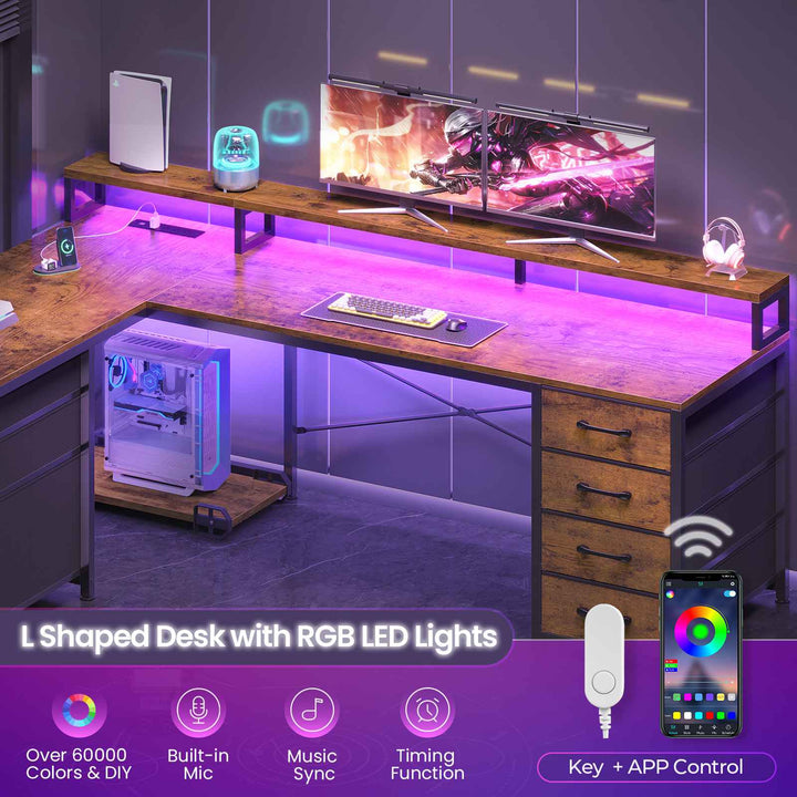 SEDETA 58 Inch L Shaped Gaming Desk with LED Lights Reversible Computer Desk with 7 Drawers and Power Outlet