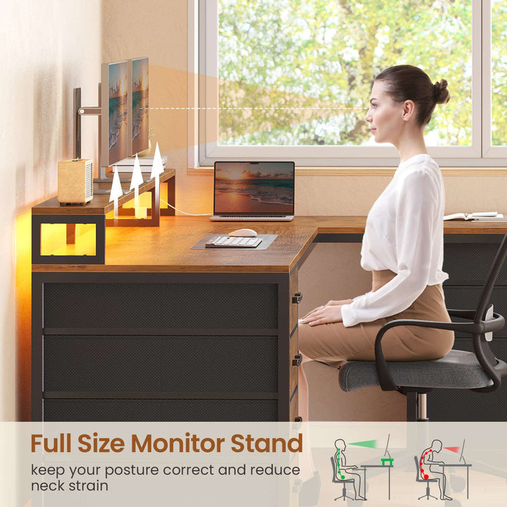 SEDETA 58 Inch L Shaped Gaming Desk with LED Lights Reversible Computer Desk with 7 Drawers and Power Outlet