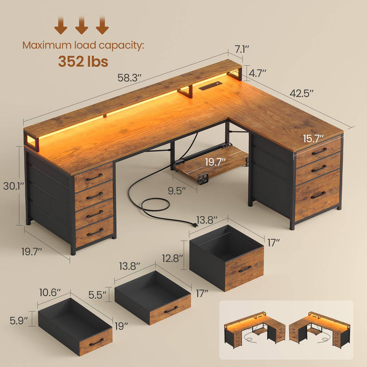 SEDETA 58 Inch L Shaped Gaming Desk with LED Lights Reversible Computer Desk with 7 Drawers and Power Outlet
