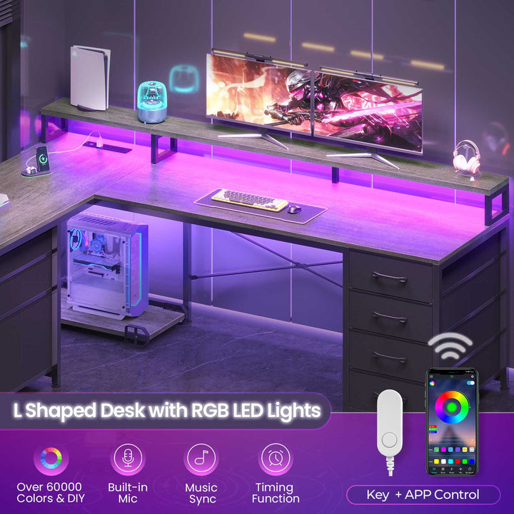 SEDETA 58 Inch L Shaped Gaming Desk with LED Lights Reversible Computer Desk with 7 Drawers and Power Outlet
